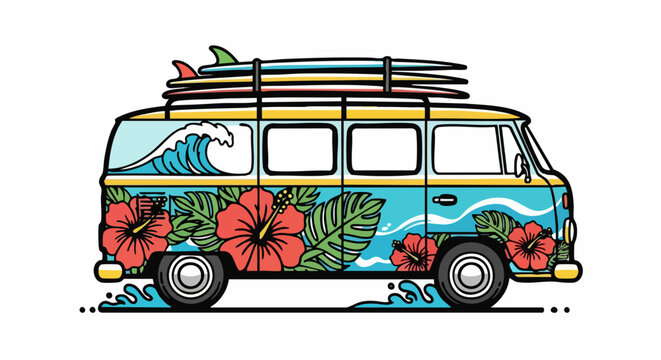 Retro surf van with hibiscus flowers and surfboards illustration.