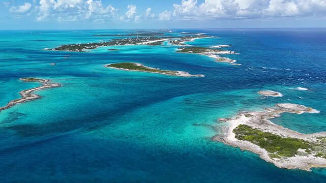 Staniel Cay At Exuma In Black Point Bahamas. Caribbean Skyline. Beach Landscape. Shades Of Blue Watercolor. Staniel Cay In Exuma In Black Point Bahamas. Nature Background.