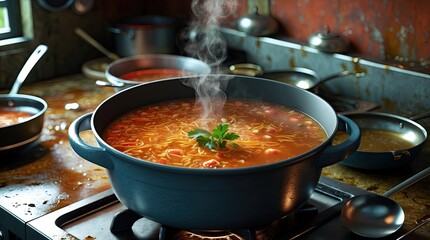 Steaming Hot Soup in a Rustic Kitchen Pot