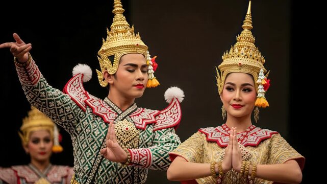 Elegant thai classical dance performance with ornate costumes and synchronized movements,