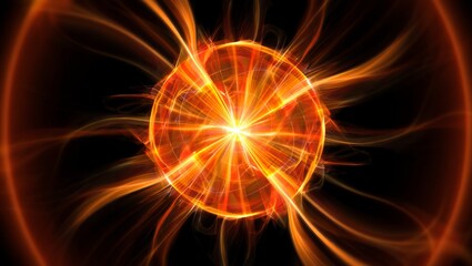 Glowing orange energetic sphere radiating light and plasma on a black background, representing power and science