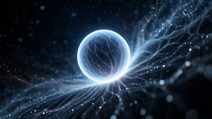 Energy sphere radiating blue light wave and particles, representing quantum physics and data flow