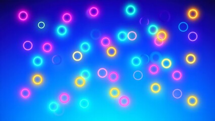 Colorful neon rings glowing over a blue gradient background generating a vibrant bokeh effect and abstract pattern