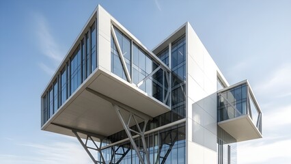 modern glass office building with angular design and futuristic appearance