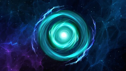 Glowing energy vortex with swirling teal and blue light forming a cosmic portal in deep space nebula