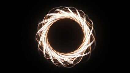 Glowing light trails forming abstract energy spiral. Luminous golden lines creating dynamic circular shape against dark background
