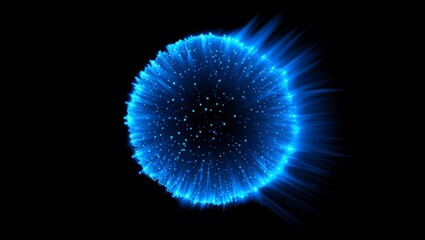 Blue particle sphere exploding, abstract energy nebula, glowing light orb creating digital data waves on black background