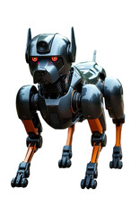 Sleek Black and Orange Bionic Robot Dog with Red Glowing Eyes