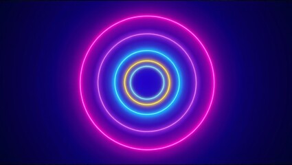 Concentric neon rings in pink, blue, and yellow glowing brightly, creating a futuristic tunnel or portal on a deep blue backdrop