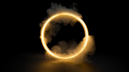 Glowing golden ring with smoke creating a futuristic portal on dark background, abstract digital illustration