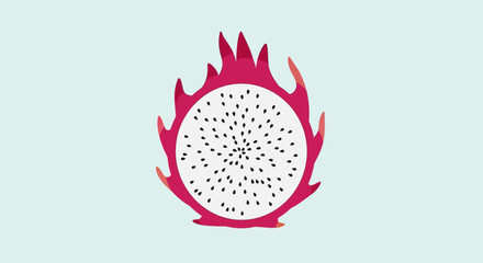Vibrant pink dragon fruit surrounded by abstract flame design elements on light mint background, exotic fruit illustration with black seeds