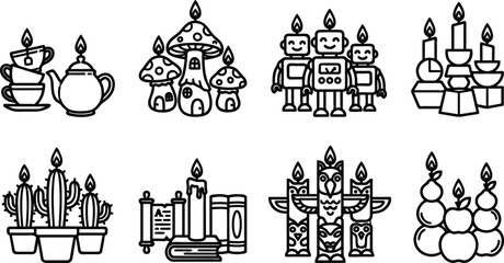 Fototapeta premium Black line icons of various candle objects and holders on white background