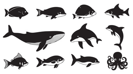 Black Sea Creatures Silhouettes on White Background © Abdullah