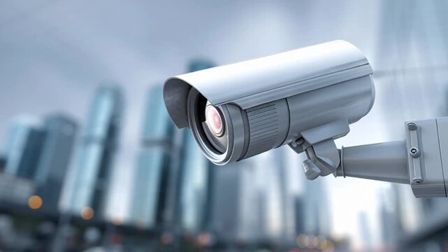 A sleek security camera captures cityscape in daytime.