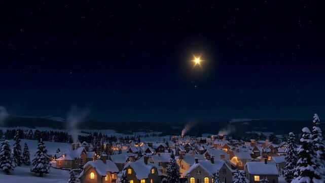Christmas star flies in the night sky over a beautiful snowy village during Christmas night