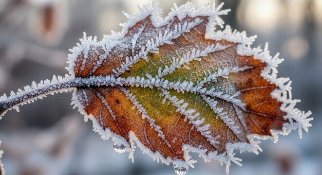 Intricate ice crystals adorn a fallen leaf, a frosty testament to winter's ethereal beauty