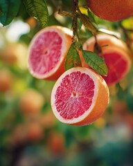 Macro close-up unveils vibrant, juicy sliced grapefruit halves hanging from a citrus branch amidst lush green leaves on a sunny day in the grapefruit orchard.