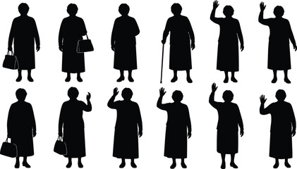 Elderly women silhouette, aging diversity, gesture variation, handbag and cane, senior lifestyle, black illustration, character modeling, health theme, posture study, movement