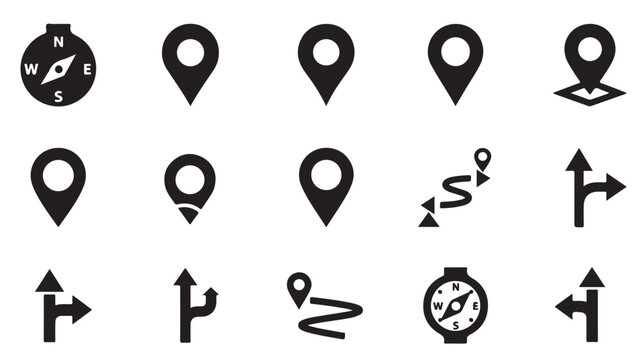 Navigation Icons Set with Map Markers, Compass and Direction Arrows on White
