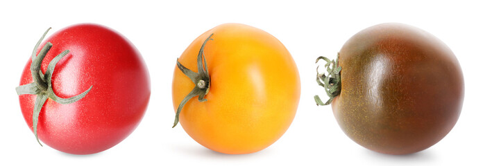 Fresh tomatoes of different colors isolated on white, set