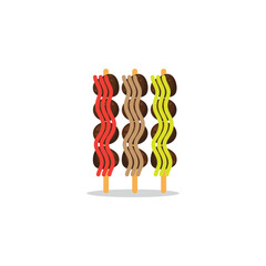 Satay food symbol logo illustration. skewered satay with colorful sauces. Traditional Asian food cuisine.