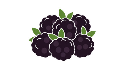 A cluster of ripe blackberries with green leaves, dark purple fruit, illustration, graphic design element, white background, fresh and healthy snack, antioxidant rich