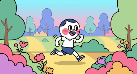 Fototapeta premium Happy cartoon boy running in a park enjoying outdoor activity.