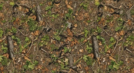 Intricate woodland floor camouflage design with leaves twigs and small branches evoking natural