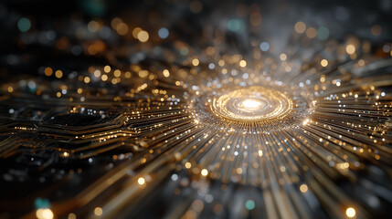 Circuit Board Brilliance: An illuminated circuit board pulses with intricate designs, representing the core of technological innovation and digital connectivity.
