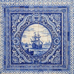Obraz premium Intricate nautical scene displayed in a striking azulejo tile artwork with elaborate frame