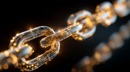 Illuminating the Digital Link: A macro shot highlights a gleaming, metallic chain with intricate detail, symbolizing connectivity and the power of digital networks, underscored by a dark backdrop.