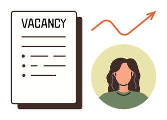 Vacancy listing sheet with bullet points, woman profile illustration, upward rising graph. Ideal for recruitment, job search, HR process, career growth, team building, talent acquisition simple flat