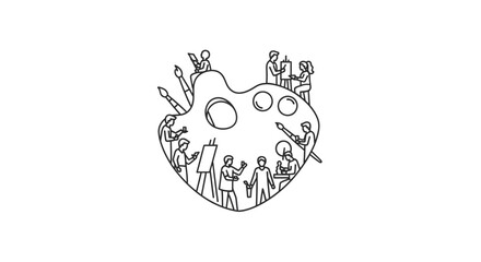 A vibrant artistic community gathers on a large paint palette surrounded by brushes and easels with people painting and creating artwork together in a collaborative