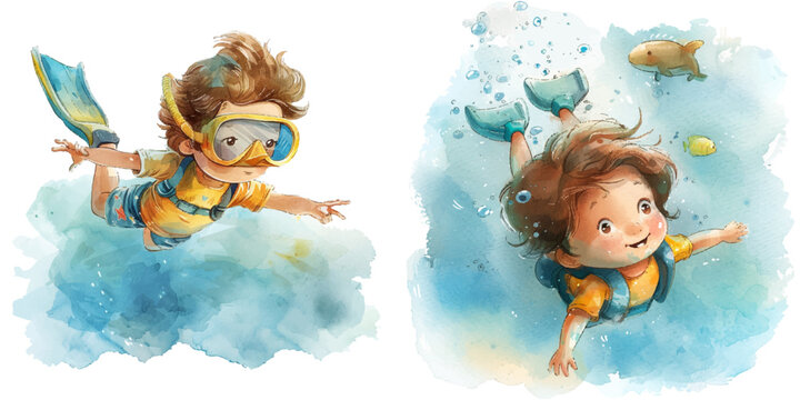 cute kid diving watercolor vector illustration