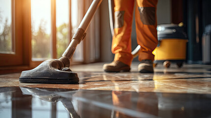 Close up of male using modern vacuum cleaner concept. A professional worker cleaning a shiny floor with a vacuum.