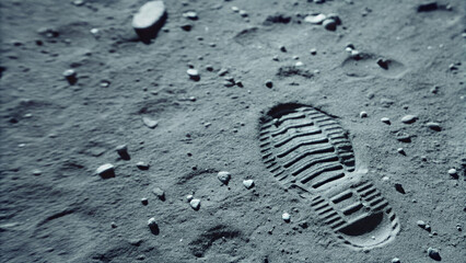 Astronaut footprint in fine lunar dust closeup concept. Close-up of a lunar footprint on the moon's surface.