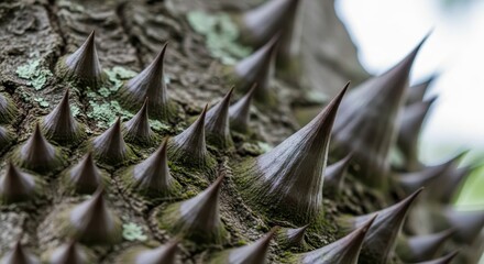 Intricate defense: A close-up perspective of nature's spiky armor on a tree trunk
