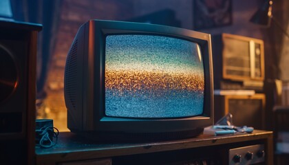 Vintage Crt Television with Static Screen in Retro Living Room