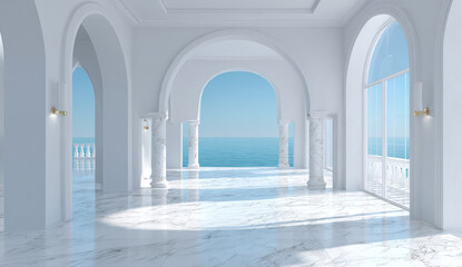 Fototapeta premium Elegant white arched balcony with marble flooring overlooking the ocean under a clear blue sky