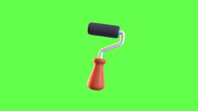 4K motion graphic 3D animation of paint roller icon rotating on chroma key green screen background.