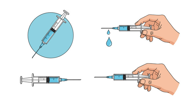 Medical syringe illustration set showing different angles and hands holding the device for vaccination or clinical treatments.
