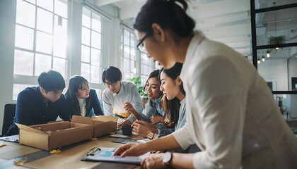 Business Team Meeting in Bright Modern Office with Diverse Professionals Collaborating