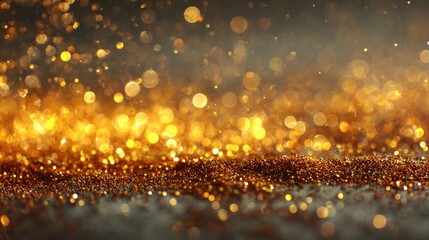Obraz premium A shimmering scene of golden particles, creating a magical and ethereal atmosphere with sparkling bokeh effects.
