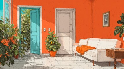 Fototapeta premium Indoor living room with S-shaped composition, white sofa, orange blanket, door on left opening to garden, warm and cozy atmosphere with natural light and stylish interior design