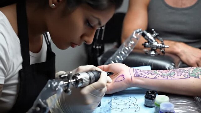 A tattoo artist carefully applies a stencil to a client's arm, preparing for the design