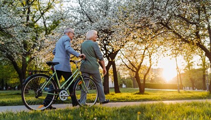 Obraz premium Elderly Couple Walking with Bicycle in Blooming Park During Sunset