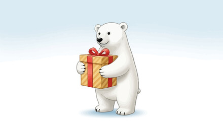 Cute polar bear holding a wrapped gift box with a red bow on a light blue background, standing on white surface, smiling and looking sideways, vector illustration