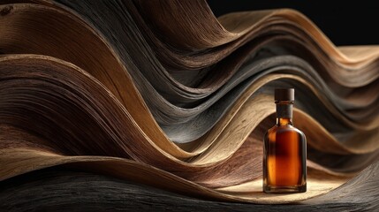 Obraz premium Cognac bottle on abstract wavy wooden arch with flowing dark brown and beige shapes, soft lighting highlighting hyper-realistic textures and sharp details, close-up composition, natural elegant design