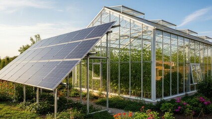 Solar panels installed near modern greenhouse