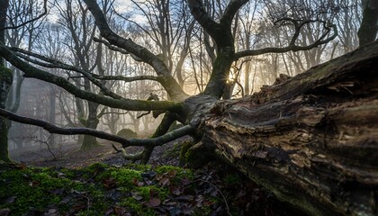 Fallen Tree in Forest with Sunlight Filtering Through Bare Branches